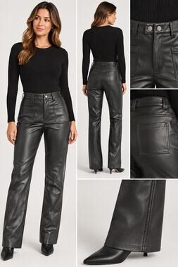 Vintage B.B. Collections Size 16 Black Faux Leather High Rise Straight Leg Pants